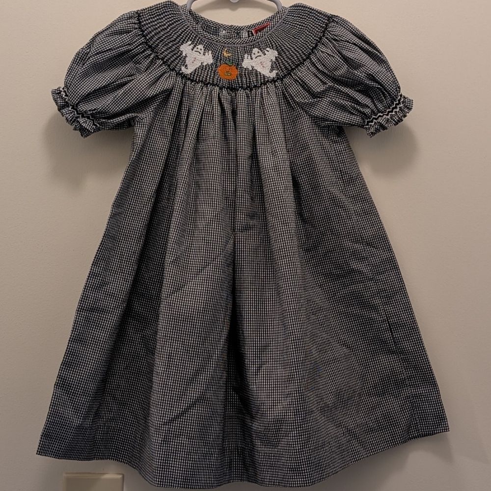 Chocolate Soup Embroidered Halloween Ghosts Black White Gingham Toddler Dress
